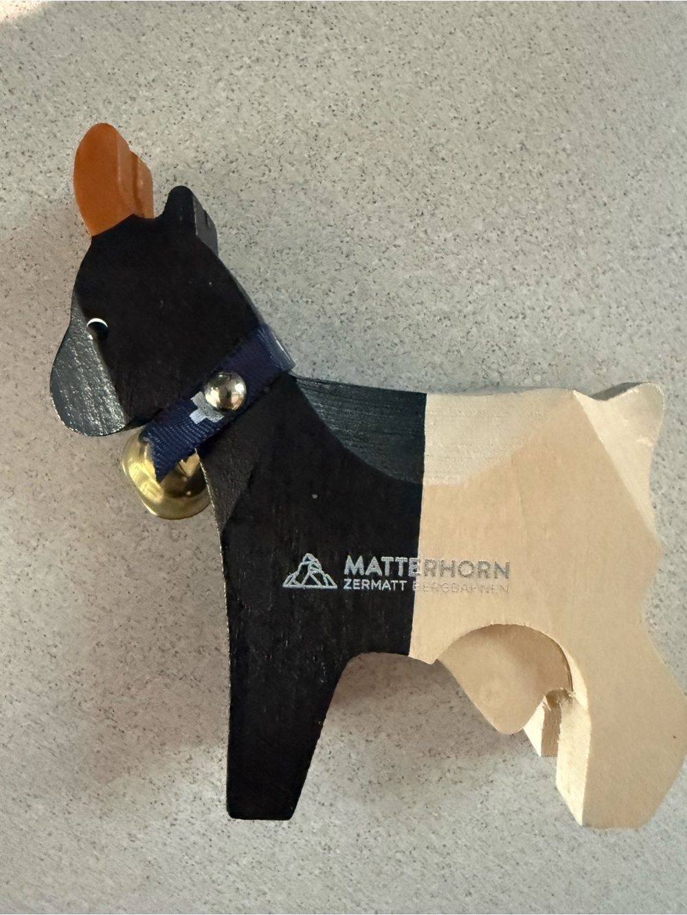 Handmade wooden dog figurine with bell, Matterhorn Zermatt Switzerland 3”